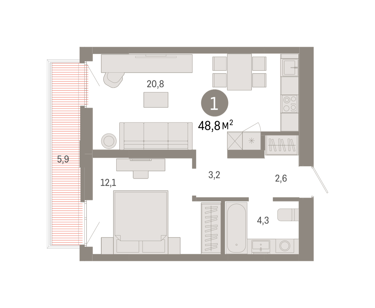 Планировка: Евродвушка 48.8 м² в ЖК Республики 205, Центр: КПД