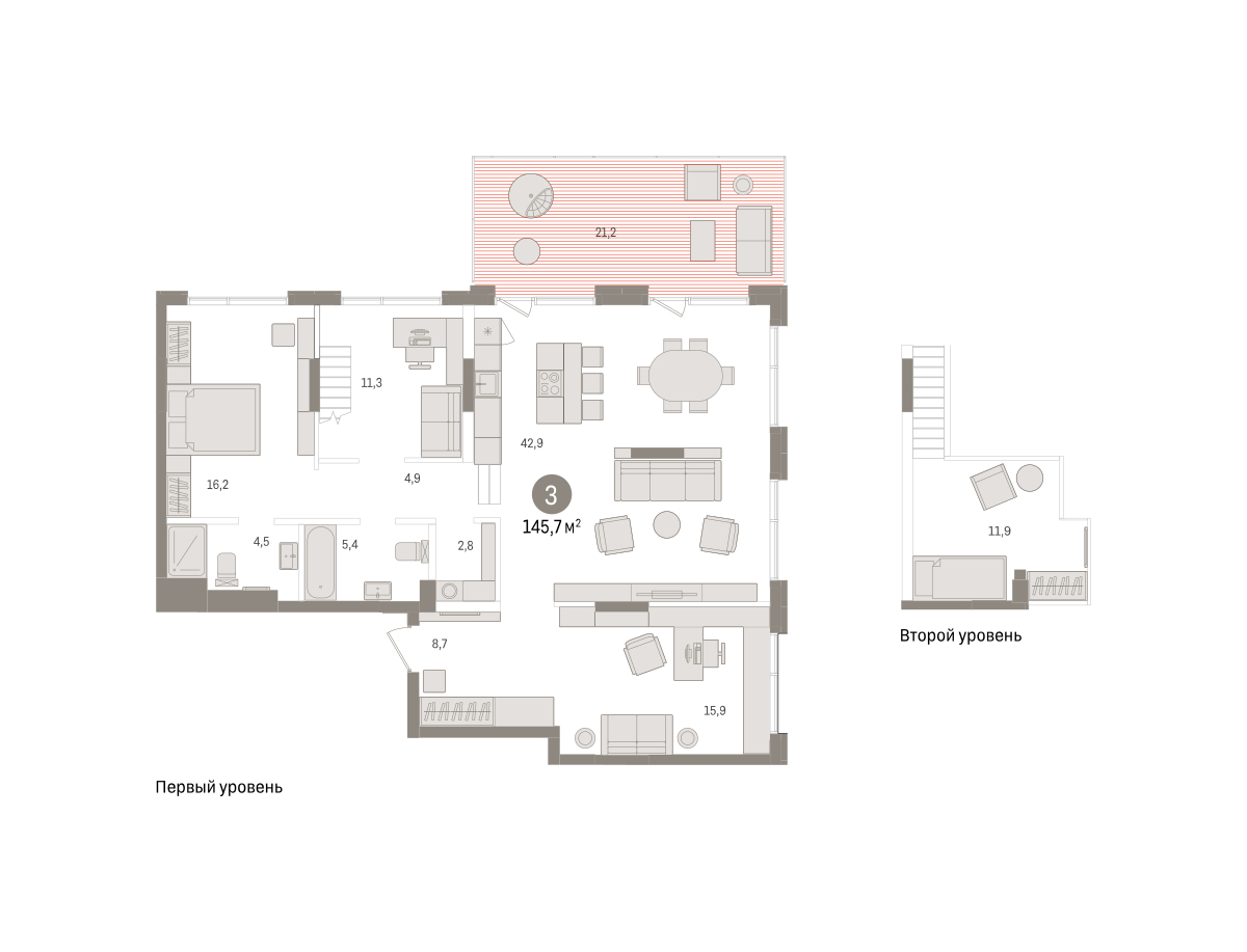 Планировка: Евротрешка 145.7 м² в ЖК Октябрьский на Туре, ДОК