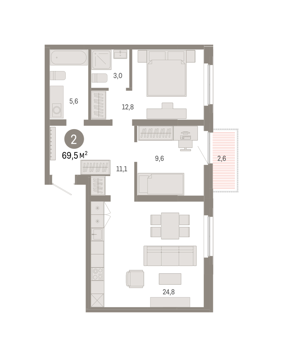 Планировка: Евротрешка 69.5 м² в ЖК Зарека, Заречный