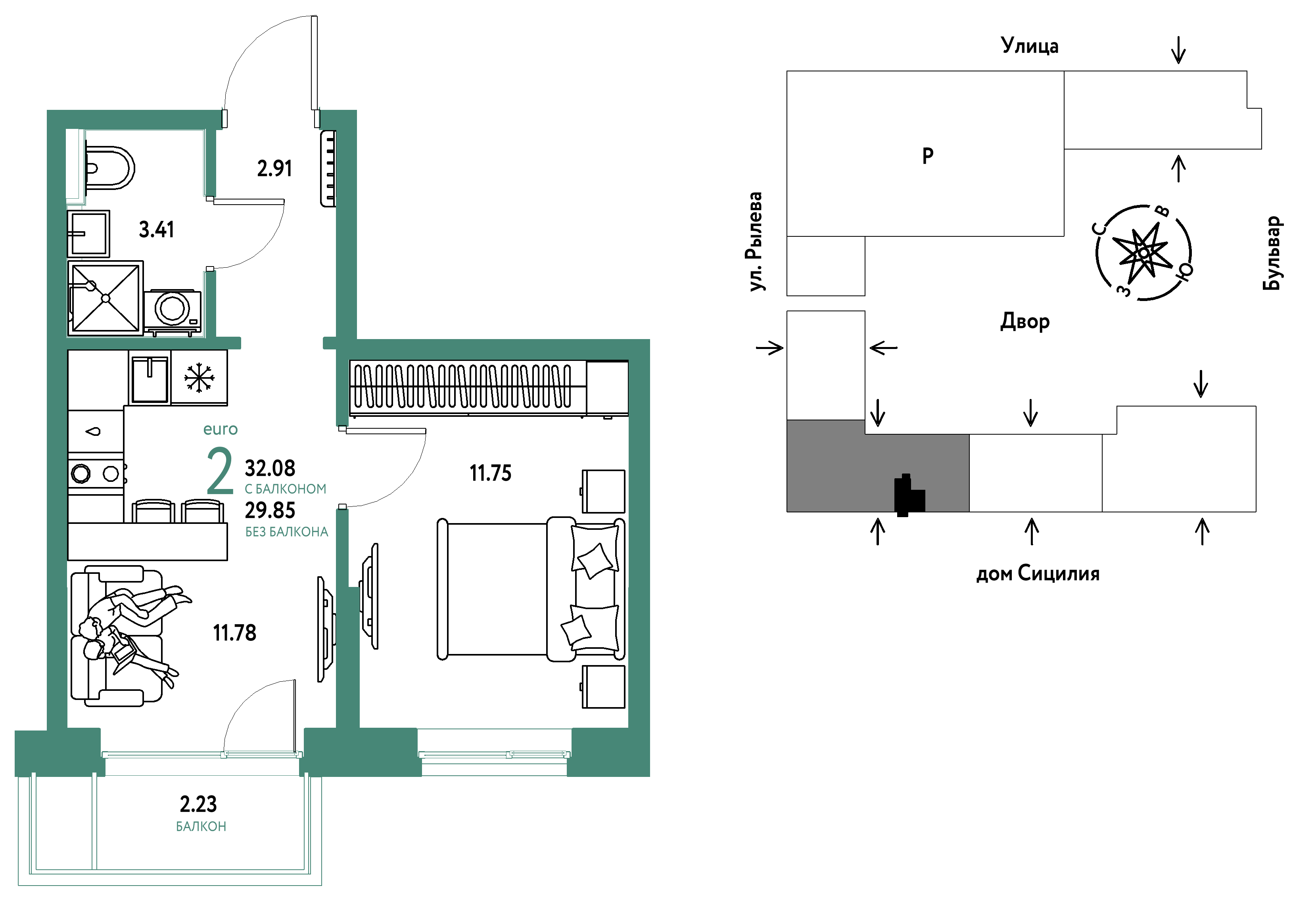 Планировка: Формат уточняется 32.1 м² в ЖК Остров-сад, ДОК