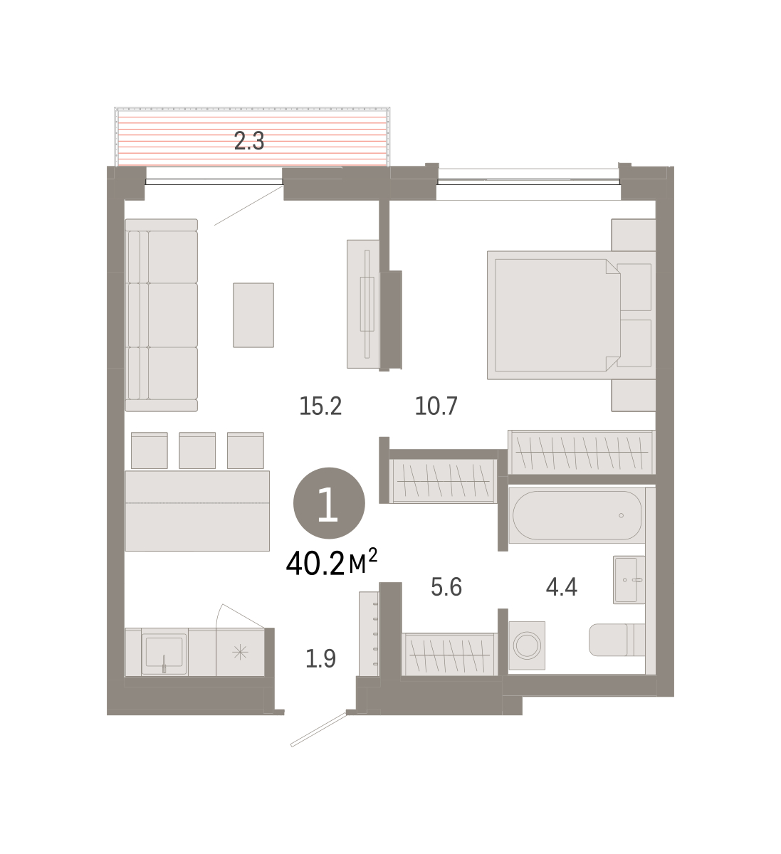 Планировка: Евродвушка 40.2 м² в ЖК Октябрьский на Туре, ДОК