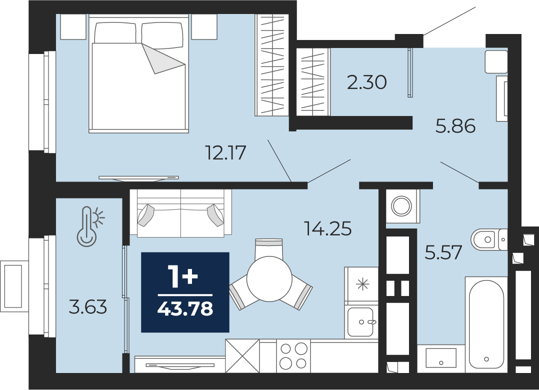 Планировка: Евродвушка 43.8 м² в ЖК Беринг, Лесобаза