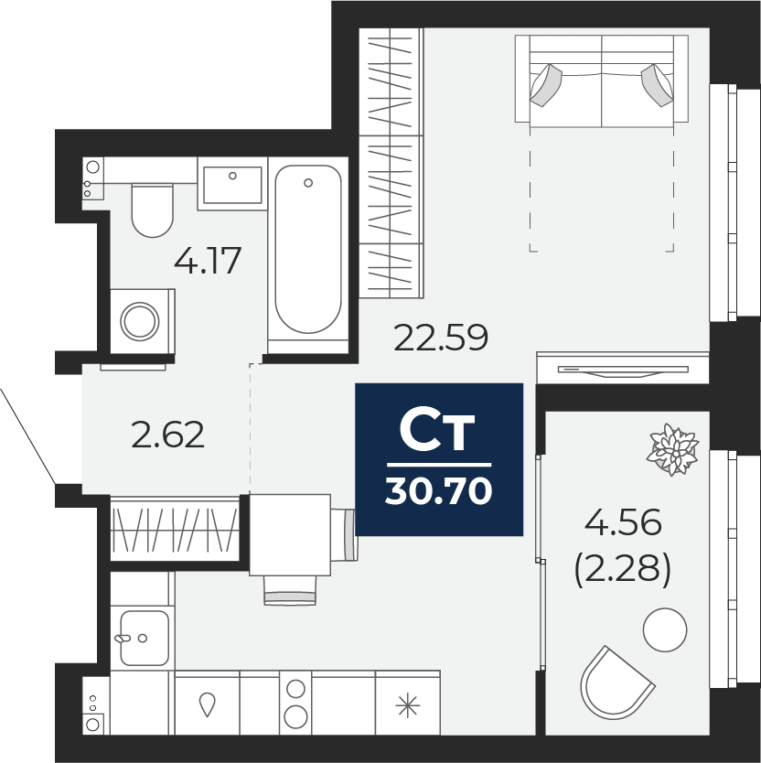 Планировка: Студия 28.4 м² в ЖК Беринг, Лесобаза