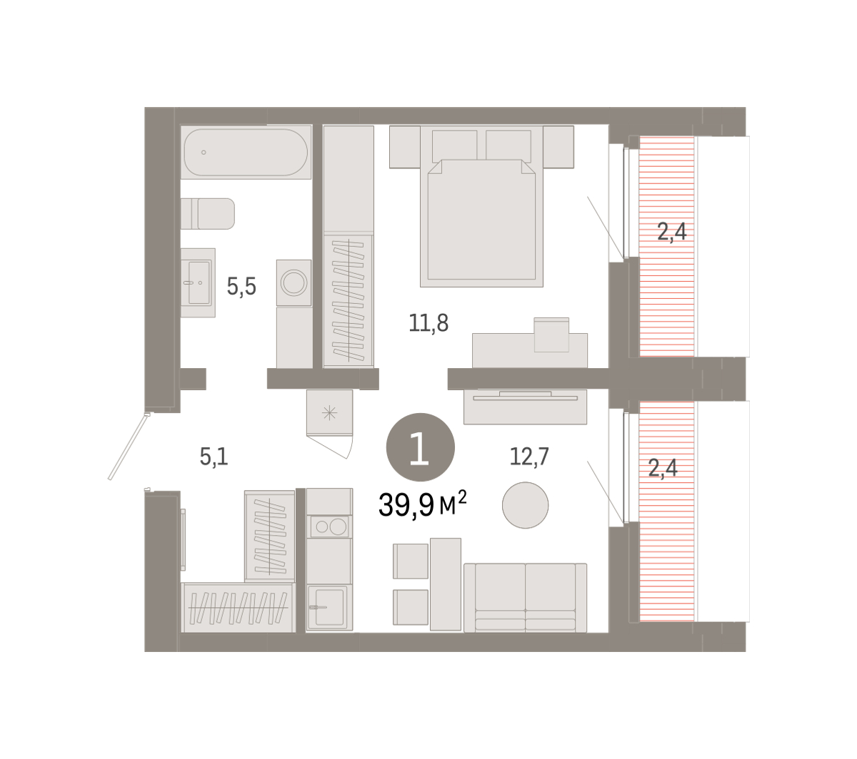 Планировка: 1-комнатная 39.9 м² в ЖК Зарека, Заречный