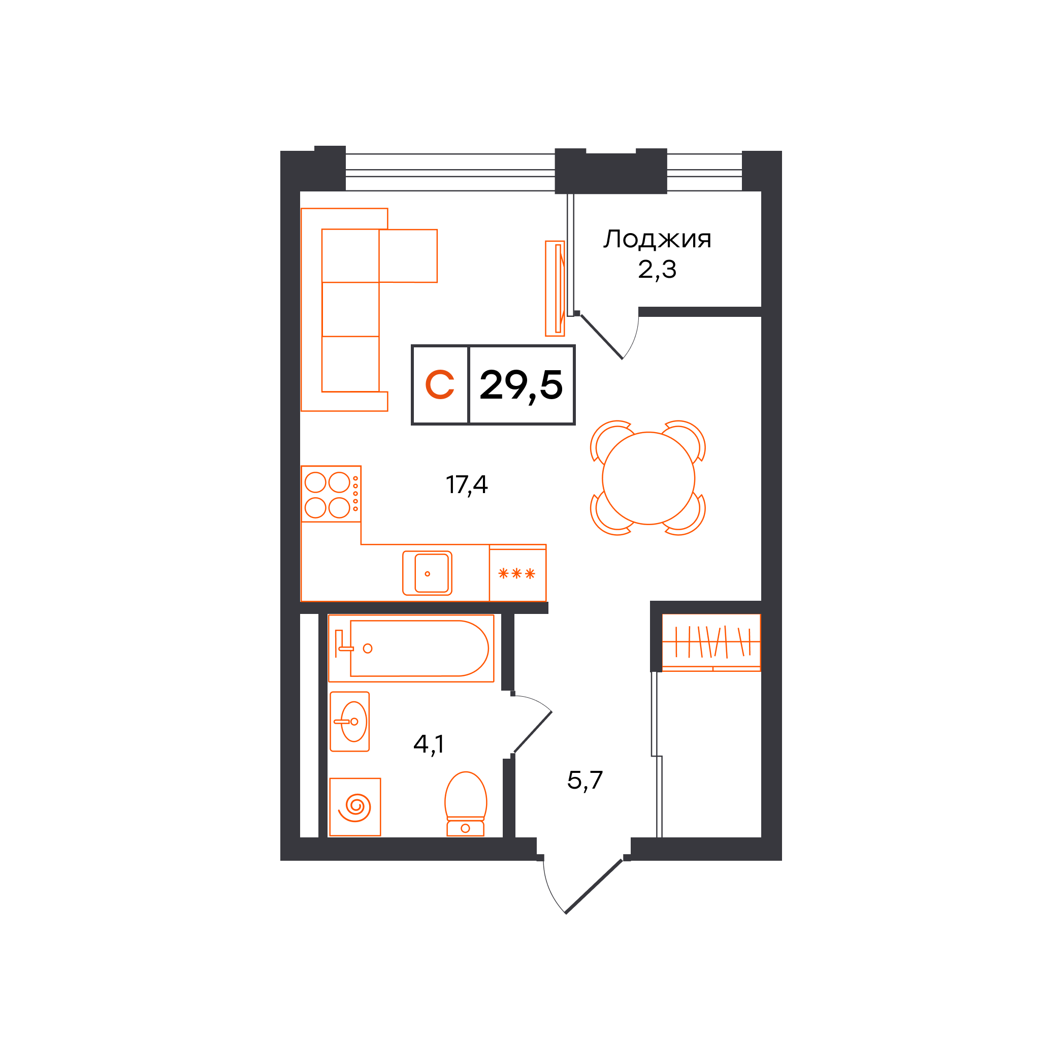 Планировка: Студия 29.5 м² в ЖК Умный квартал UNO, Московский тракт