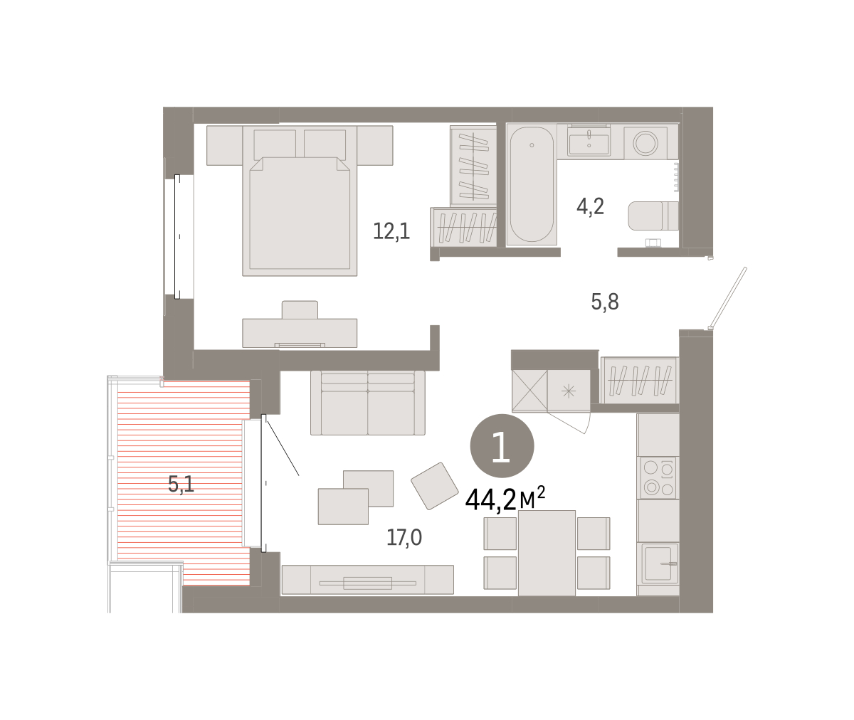 Планировка: 1-комнатная 43.9 м² в ЖК На Минской, Центр: Драмтеатр