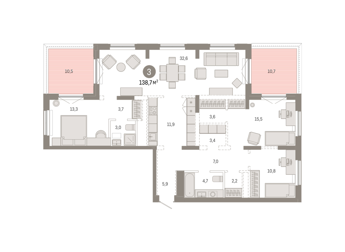 Планировка: 4-комнатная евро 138.7 м² в ЖК Октябрьский на Туре, ДОК
