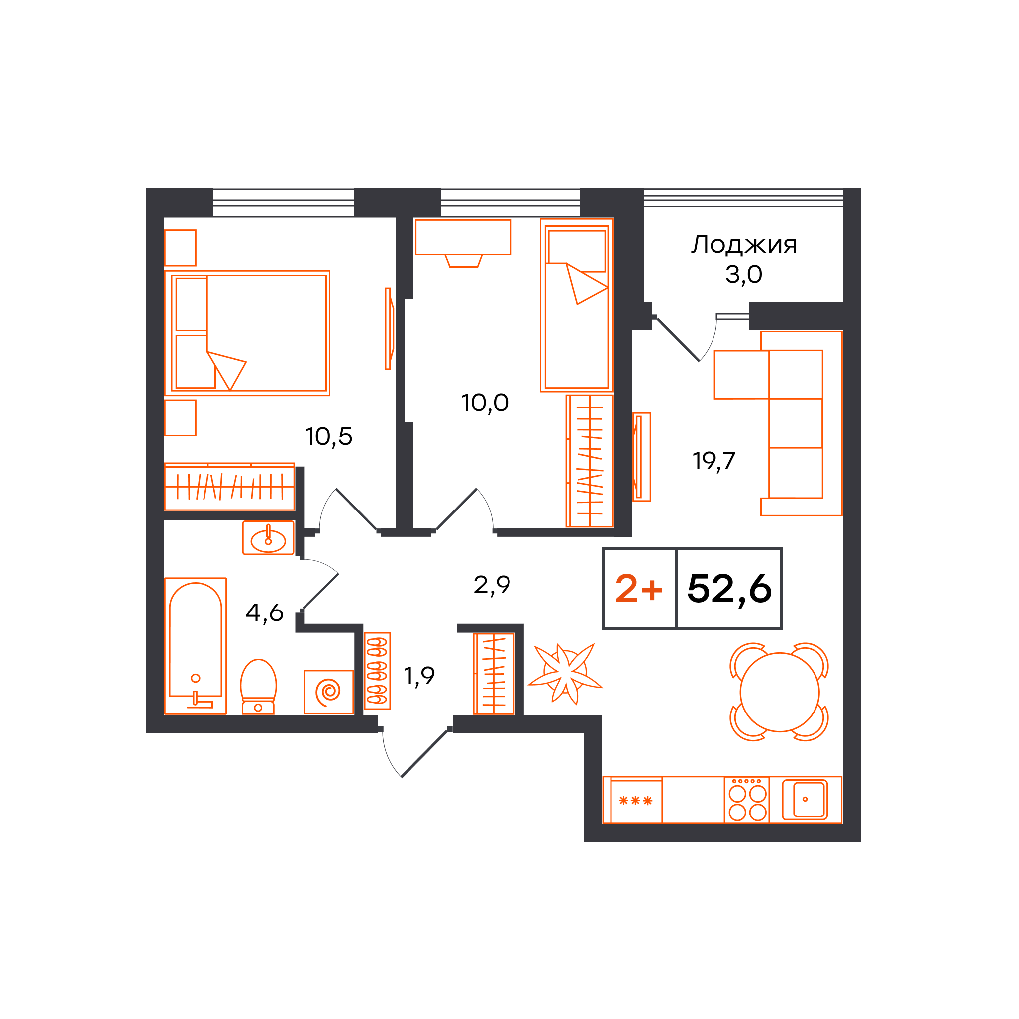 Планировка: Евротрешка 52.6 м² в ЖК Чемпионский, Чемпионский