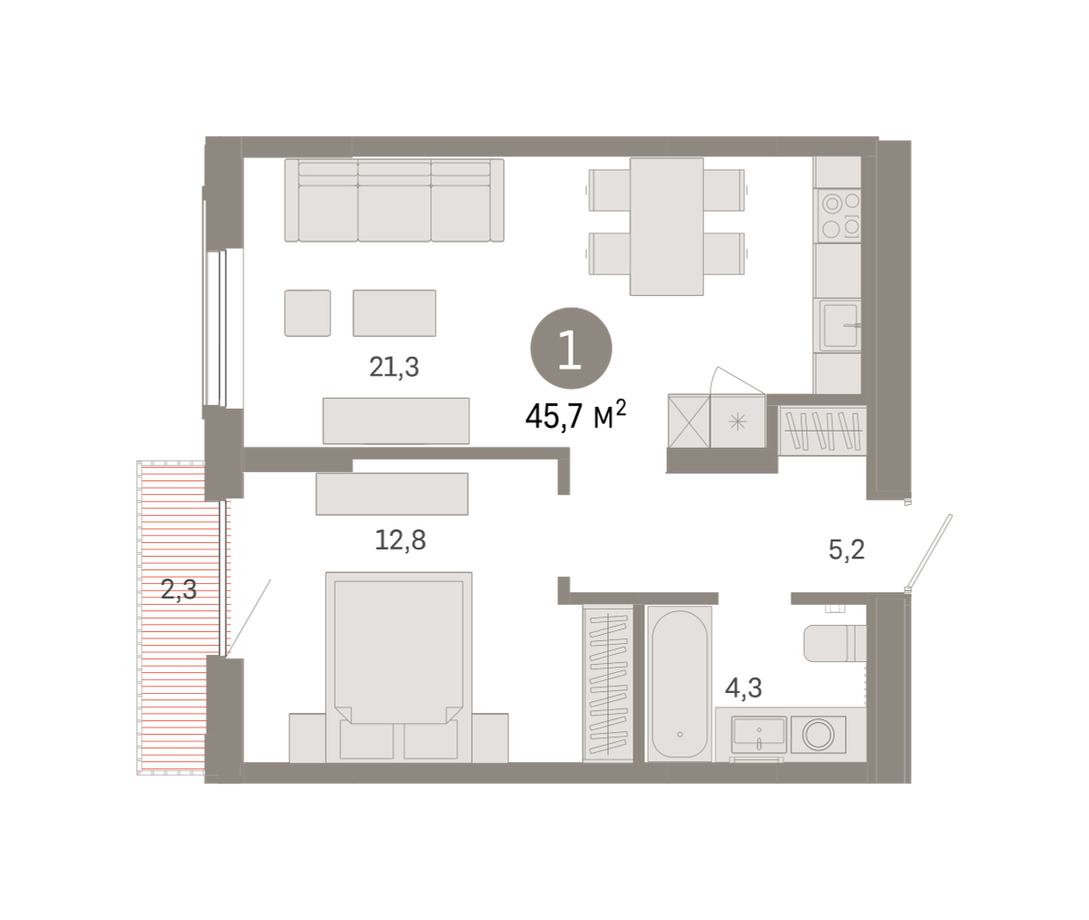 Планировка: Евродвушка 45.7 м² в ЖК Октябрьский на Туре, ДОК