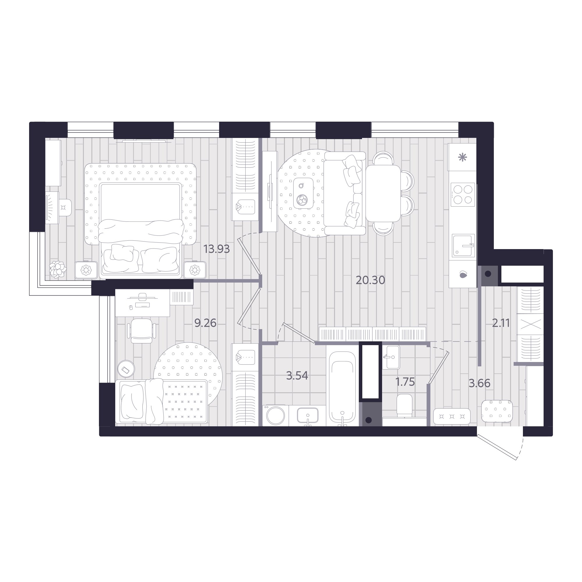 Планировка: Евротрешка 54.5 м² в ЖК Форсо, Зарека