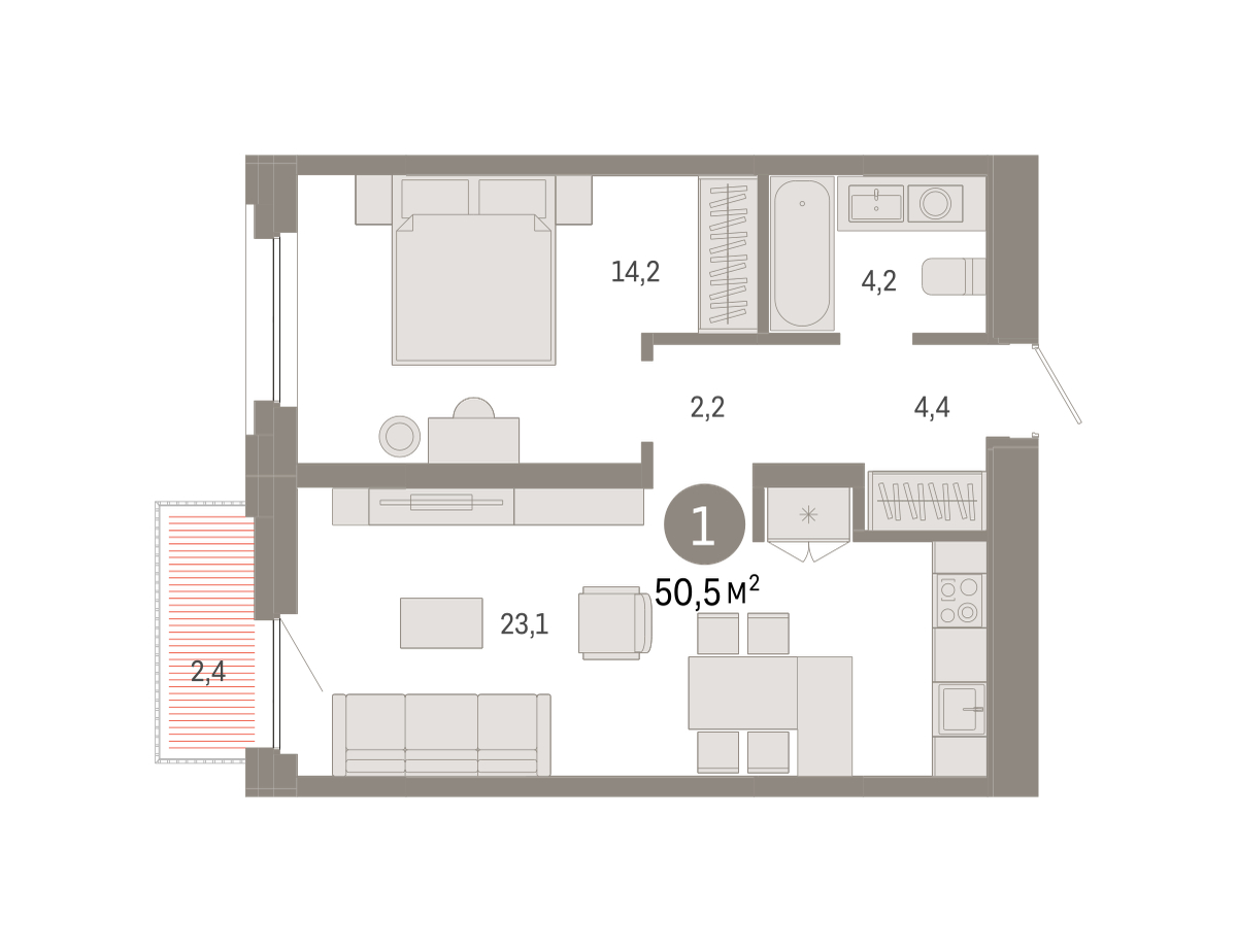 Планировка: Евродвушка 50.5 м² в ЖК Зарека, Заречный