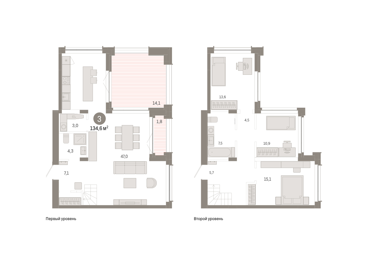 Планировка: 4-комнатная евро 134.6 м² в ЖК Республики 205, Центр: КПД