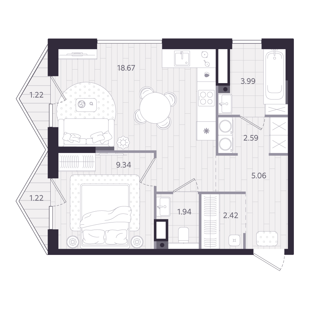 Планировка: 1-комнатная 44.8 м² в ЖК Форсо, Зарека