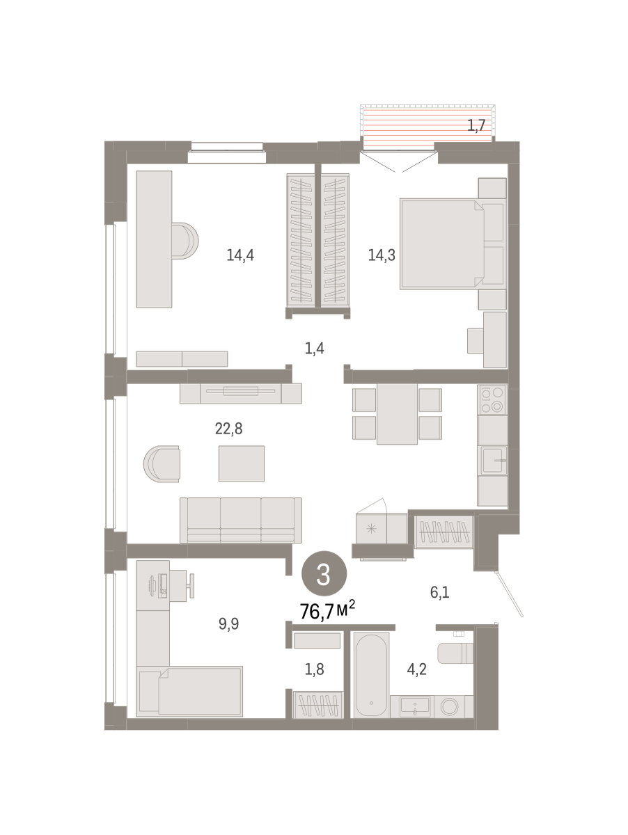 Планировка: Формат уточняется 76.7 м² в ЖК Республики 205, Центр: КПД