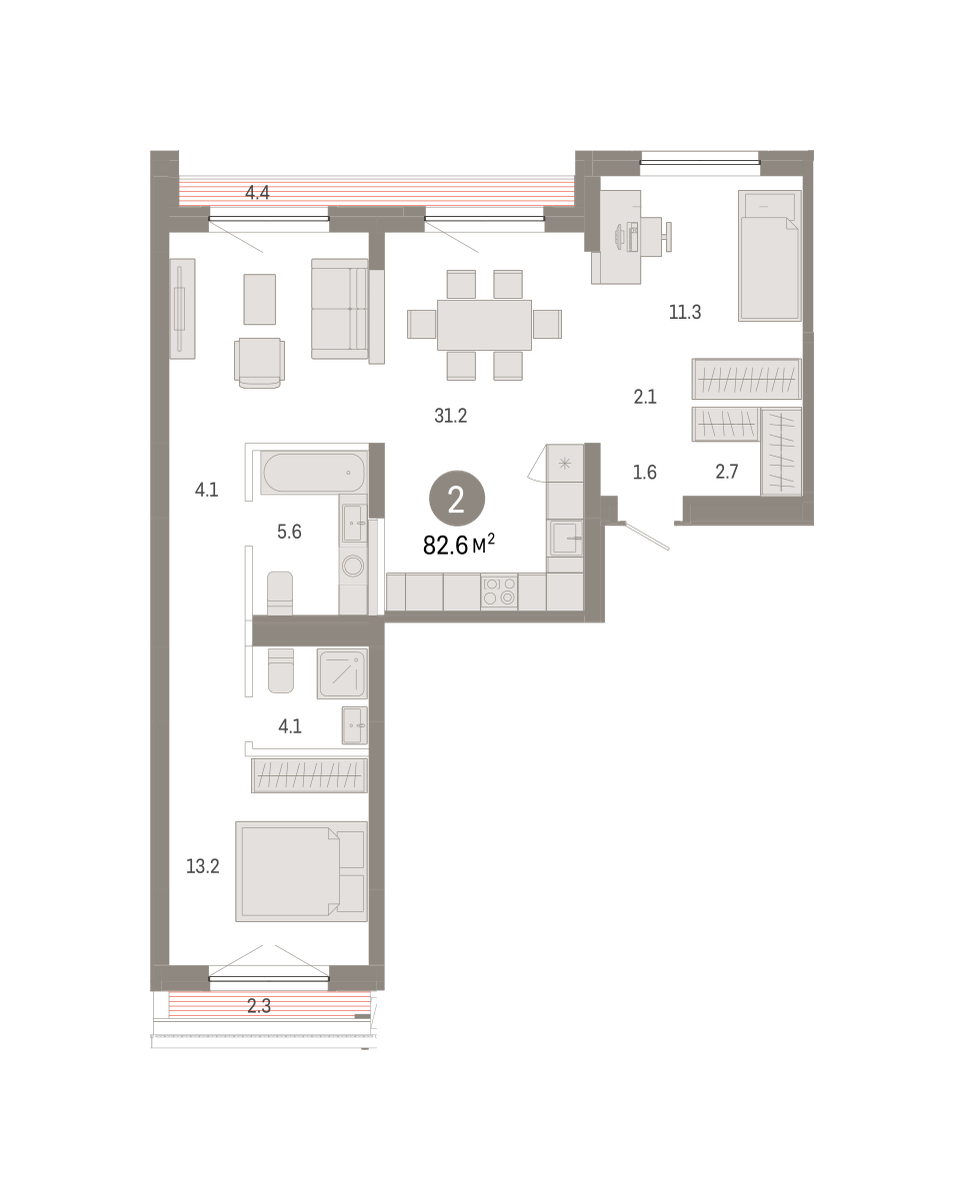Планировка: Евротрешка 82.6 м² в ЖК Октябрьский на Туре, ДОК