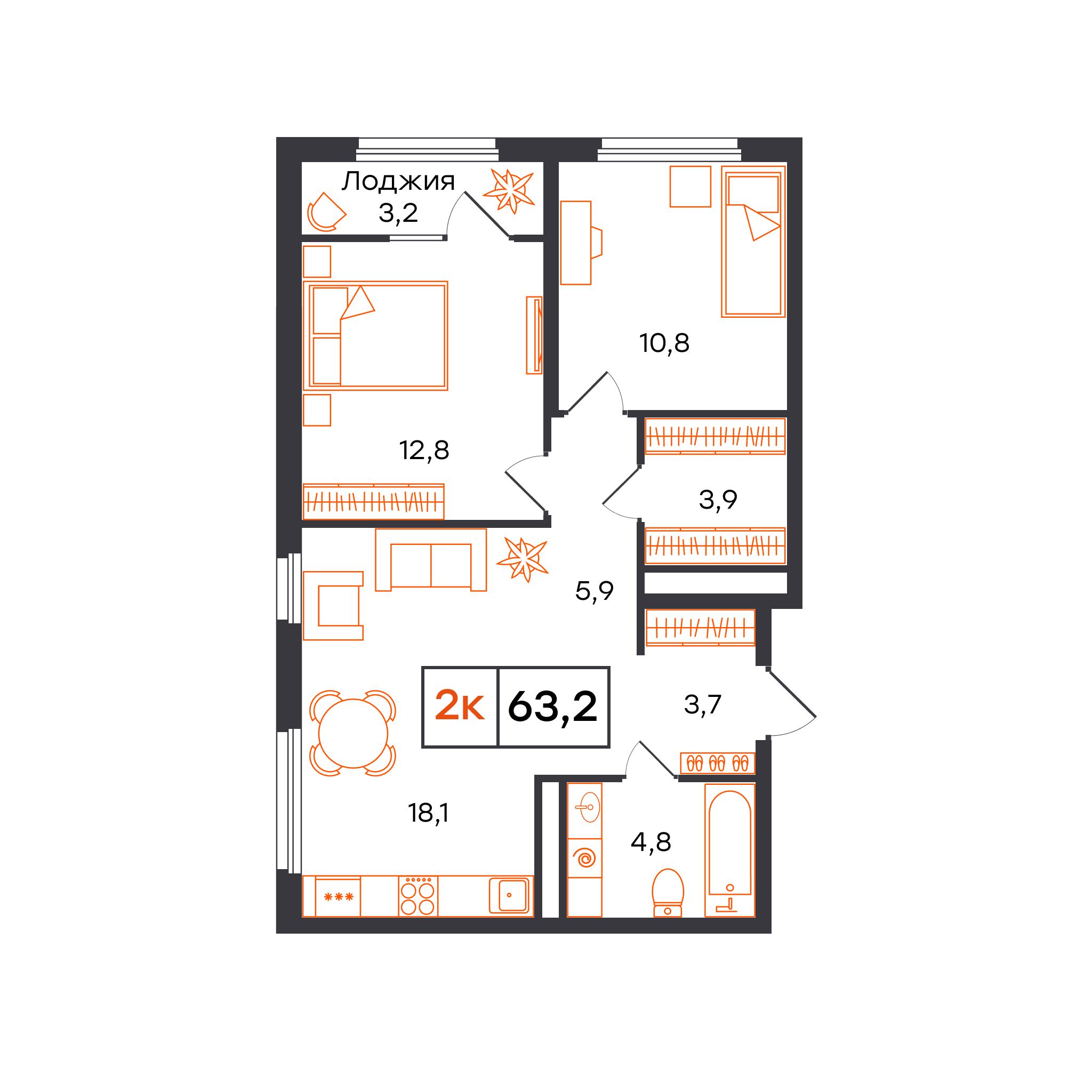 Планировка: Евротрешка 63.2 м² в ЖК Отличие, Комарово Парк