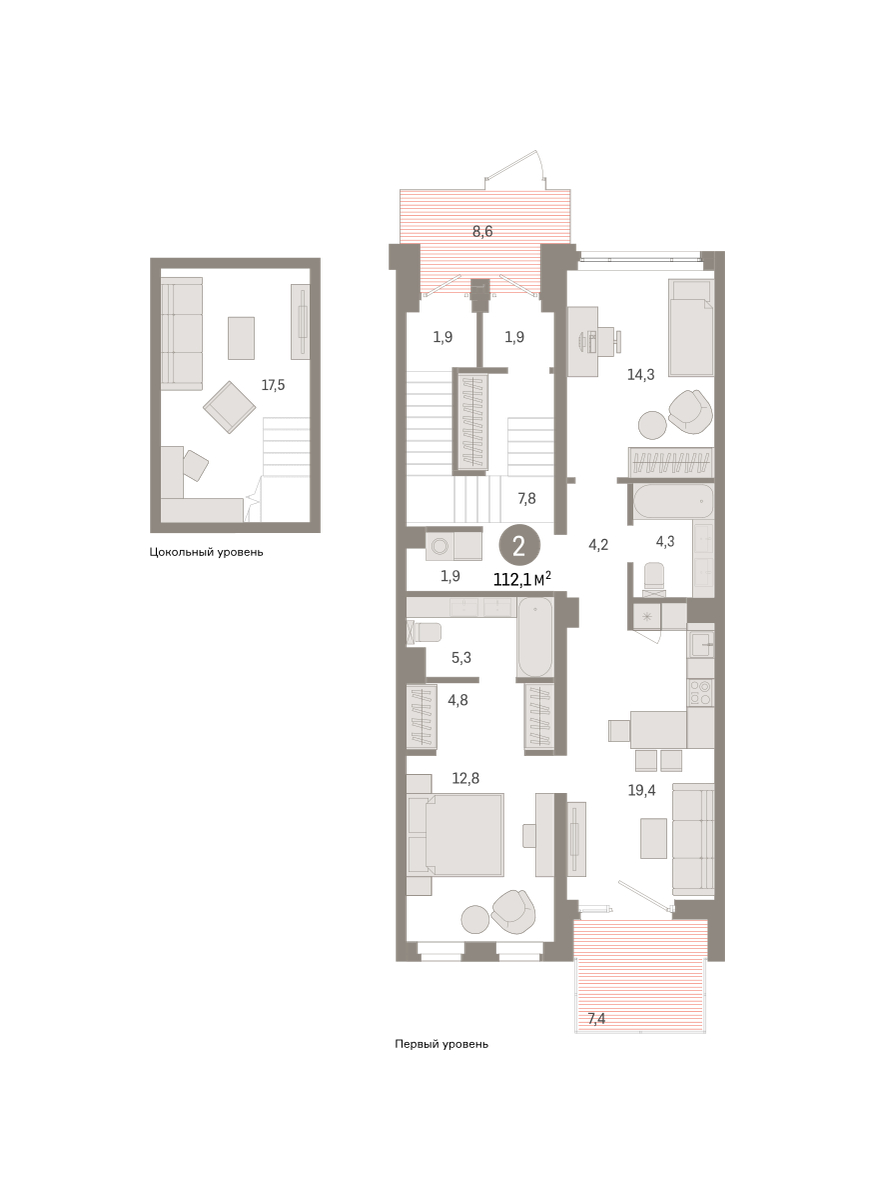 Планировка: Евротрешка 112.1 м² в ЖК Зарека, Заречный