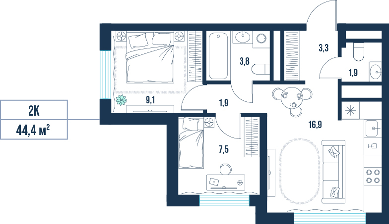 Планировка: Формат уточняется 44.4 м² в ЖК AIRIS, Комарово Парк
