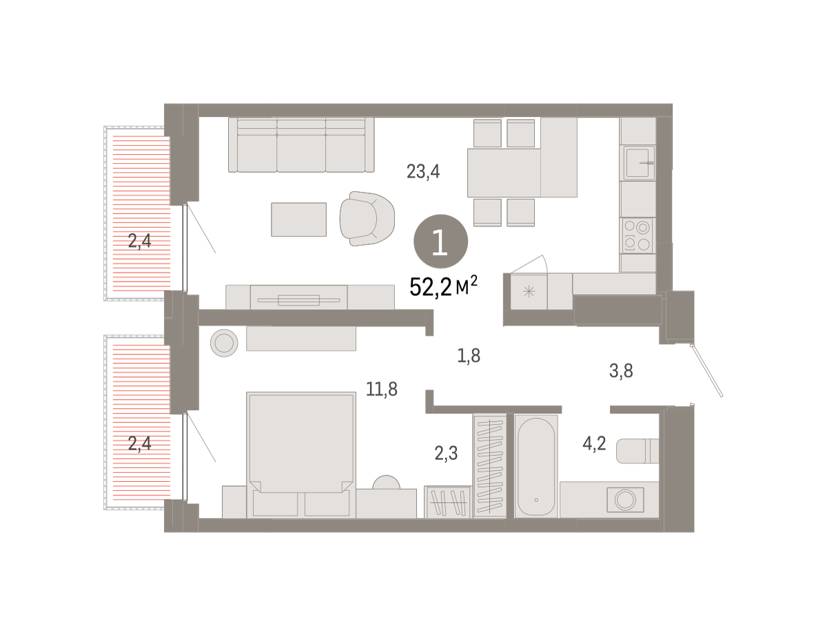 Планировка: Евродвушка 52.2 м² в ЖК Зарека, Заречный