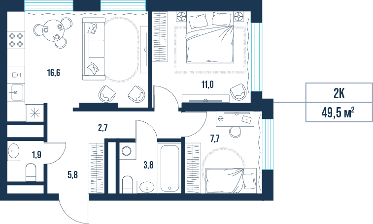 Планировка: Формат уточняется 49.5 м² в ЖК AIRIS, Комарово Парк