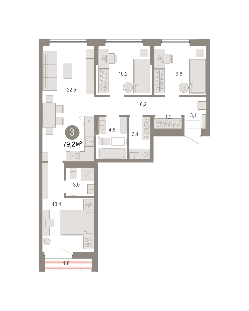Планировка: 4-комнатная евро 79.2 м² в ЖК Октябрьский на Туре, ДОК