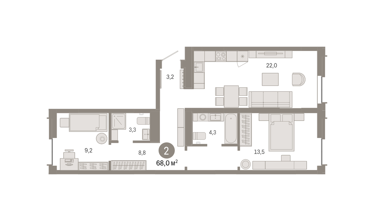 Планировка: 2-комнатная 68 м² в ЖК Республики 205, Центр: КПД