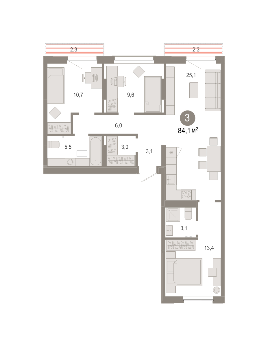 Планировка: 4-комнатная евро 84.1 м² в ЖК Октябрьский на Туре, ДОК