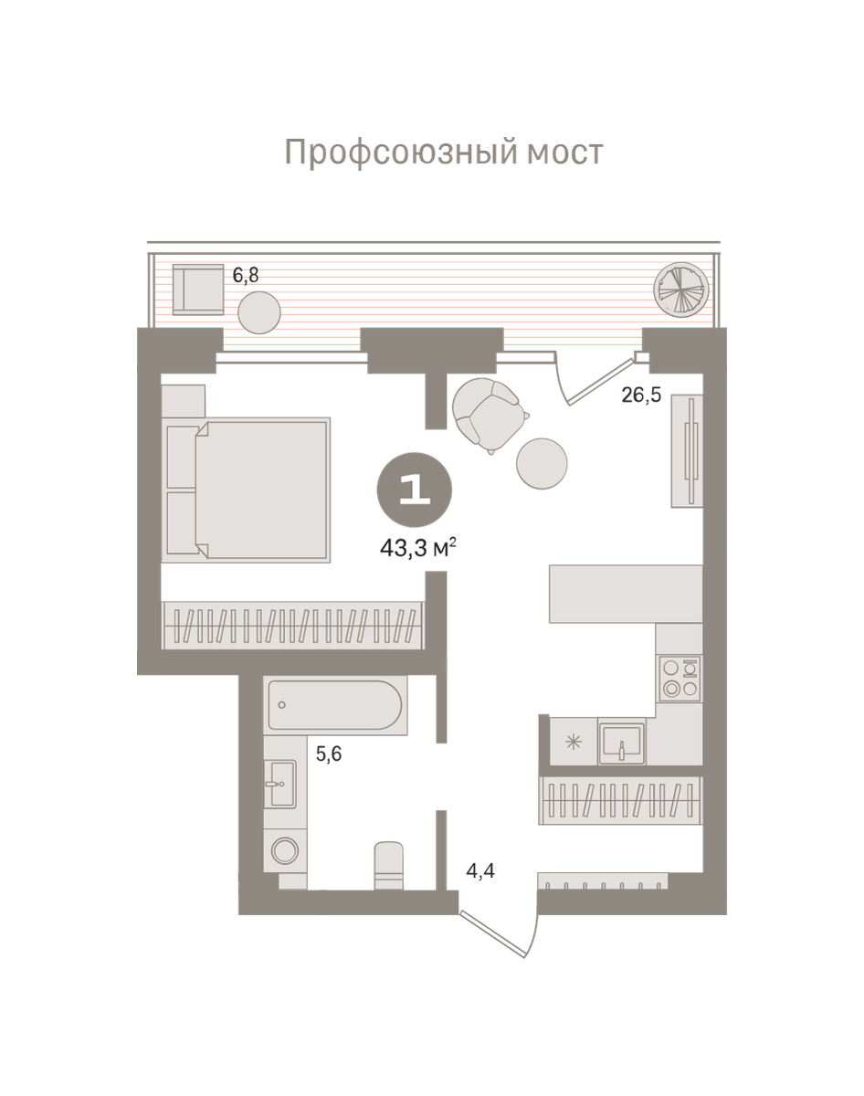 Планировка: 1-комнатная 43.3 м² в ЖК Речной порт, Центр: Дом печати