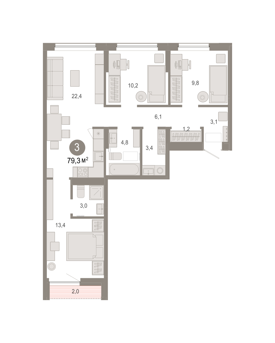 Планировка: 4-комнатная евро 79.3 м² в ЖК Октябрьский на Туре, ДОК