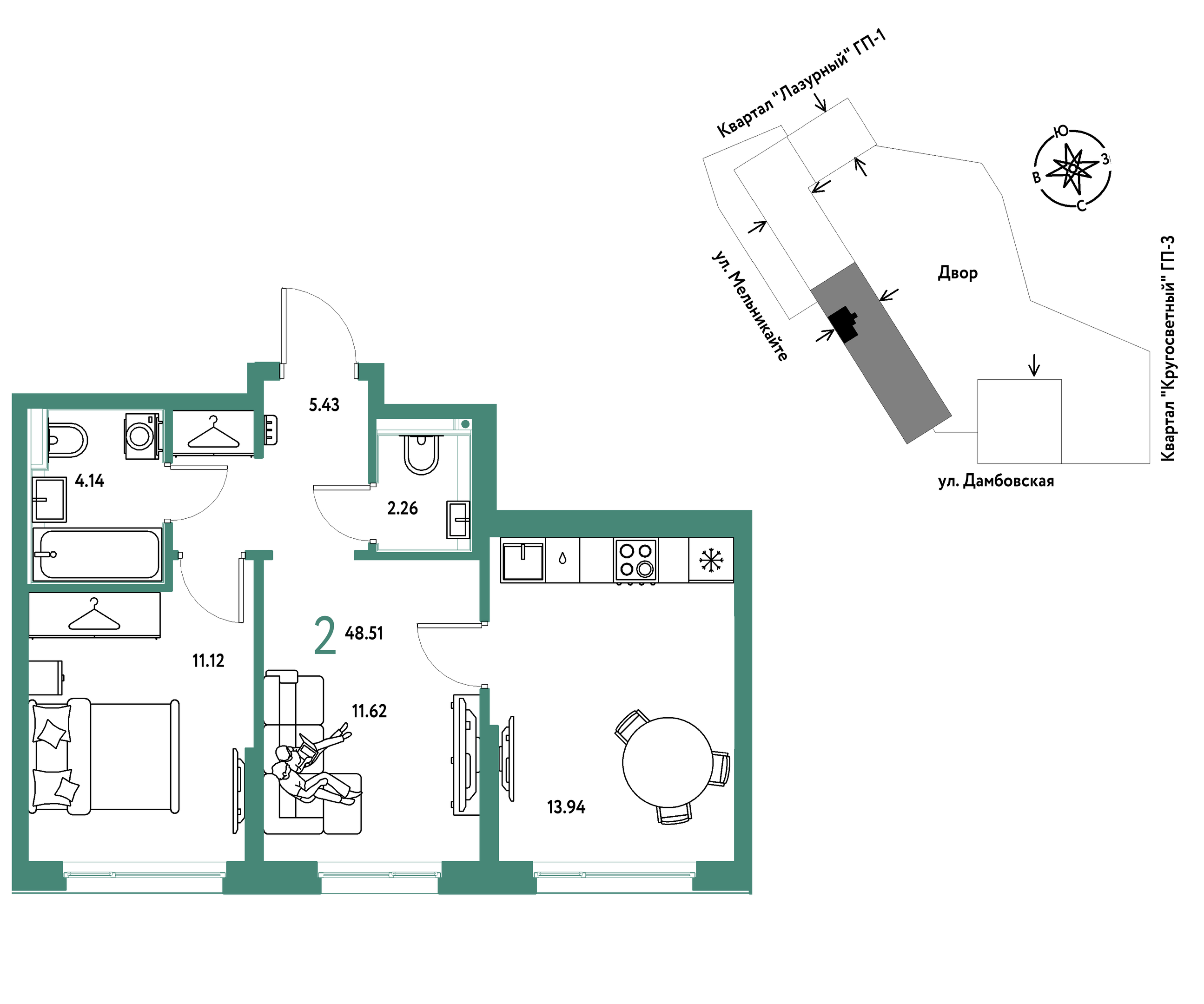 Планировка: Формат уточняется 48.5 м² в ЖК Страна. Прибрежная, Центр: Студгородок