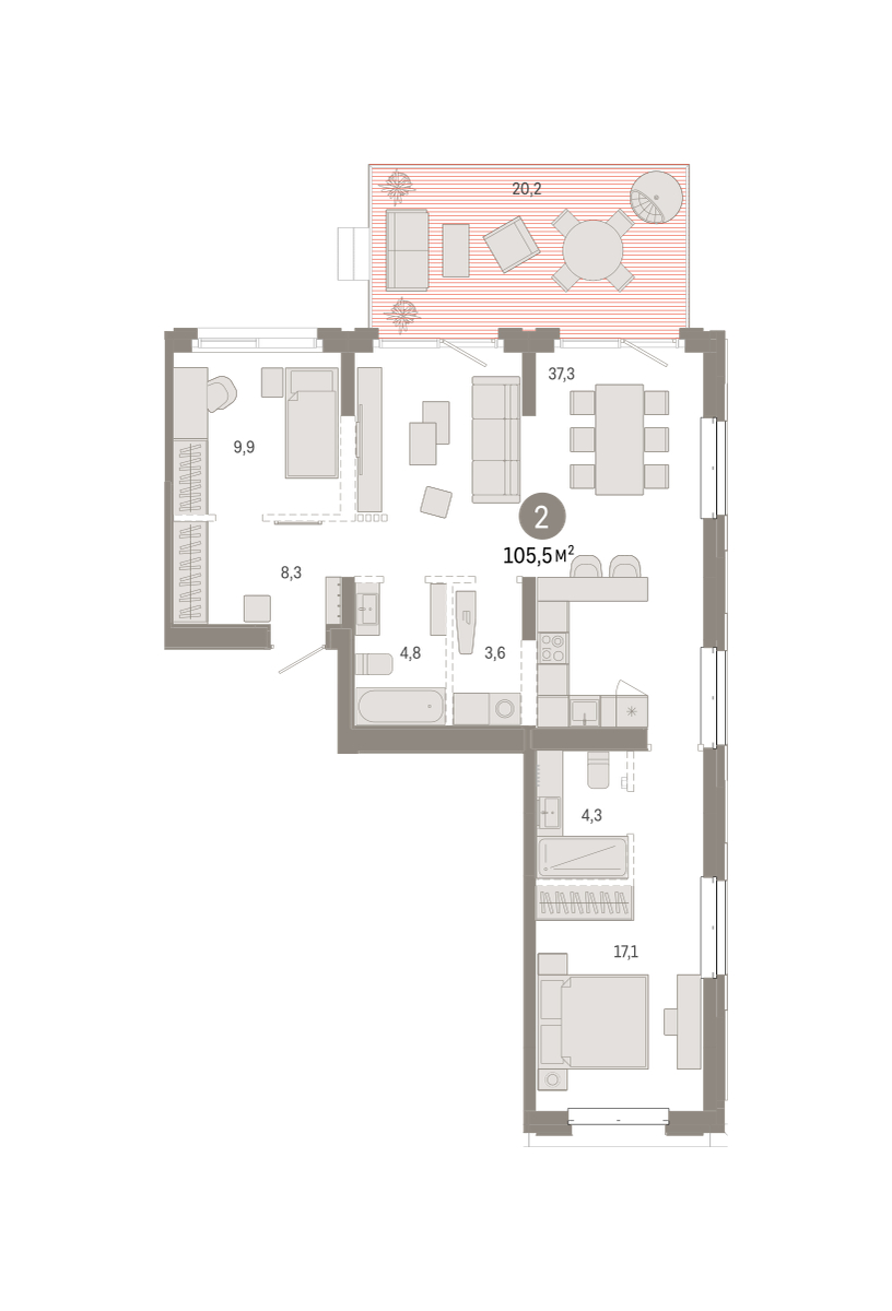 Планировка: Евротрешка 105.5 м² в ЖК На Минской, Центр: Драмтеатр