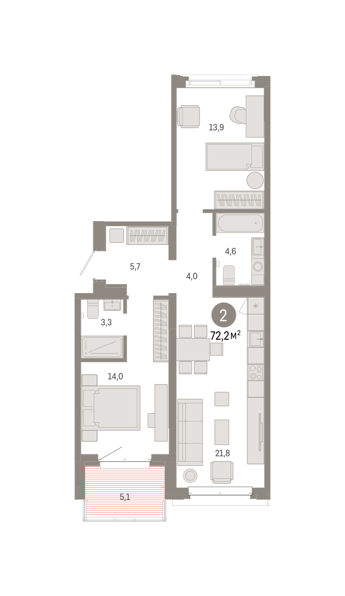 Планировка: Евротрешка 72.2 м² в ЖК На Минской, Центр: Драмтеатр