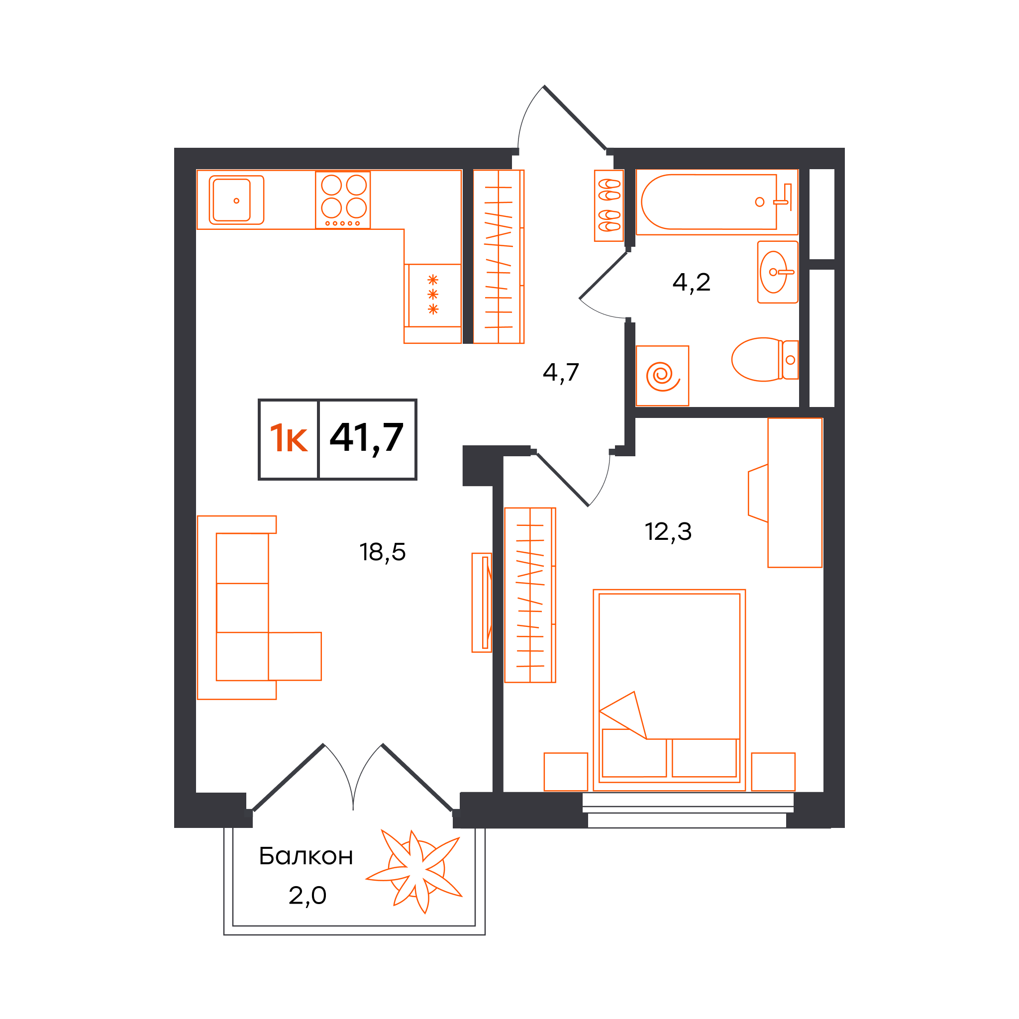 Планировка: Евродвушка 41.7 м² в ЖК Отличие, Комарово Парк