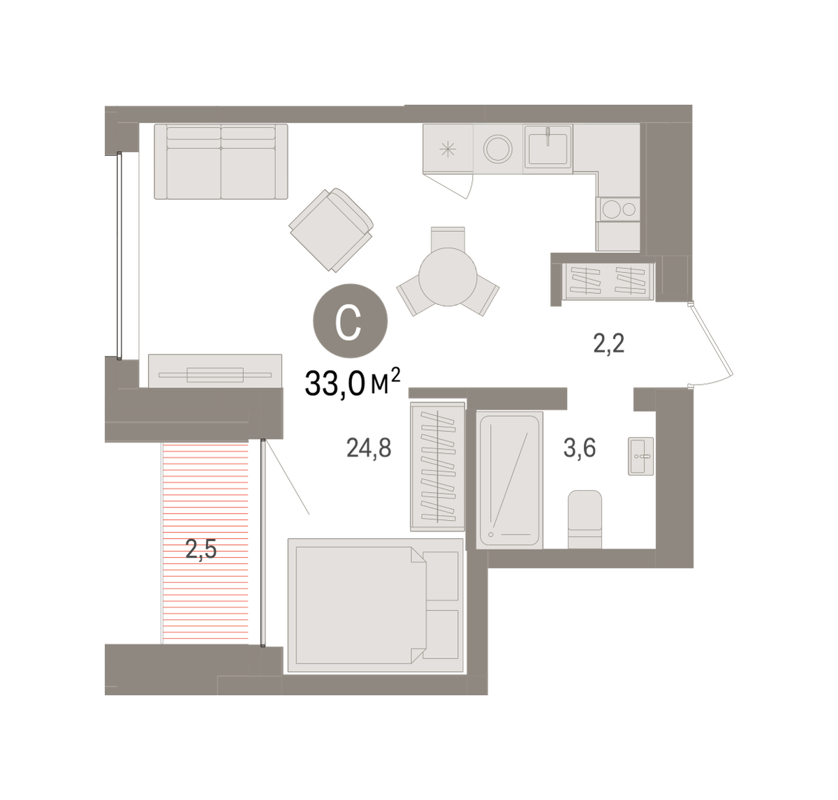 Планировка: Студия 33 м² в ЖК Дом у озера, Европейский