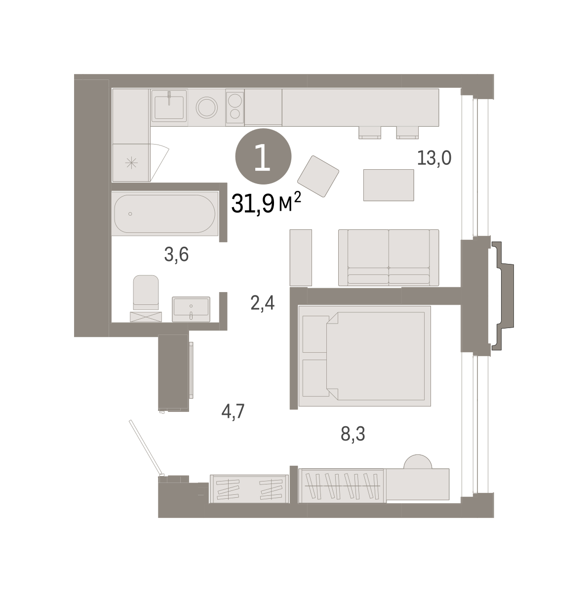 Планировка: Евродвушка 31.9 м² в ЖК Зарека, Заречный