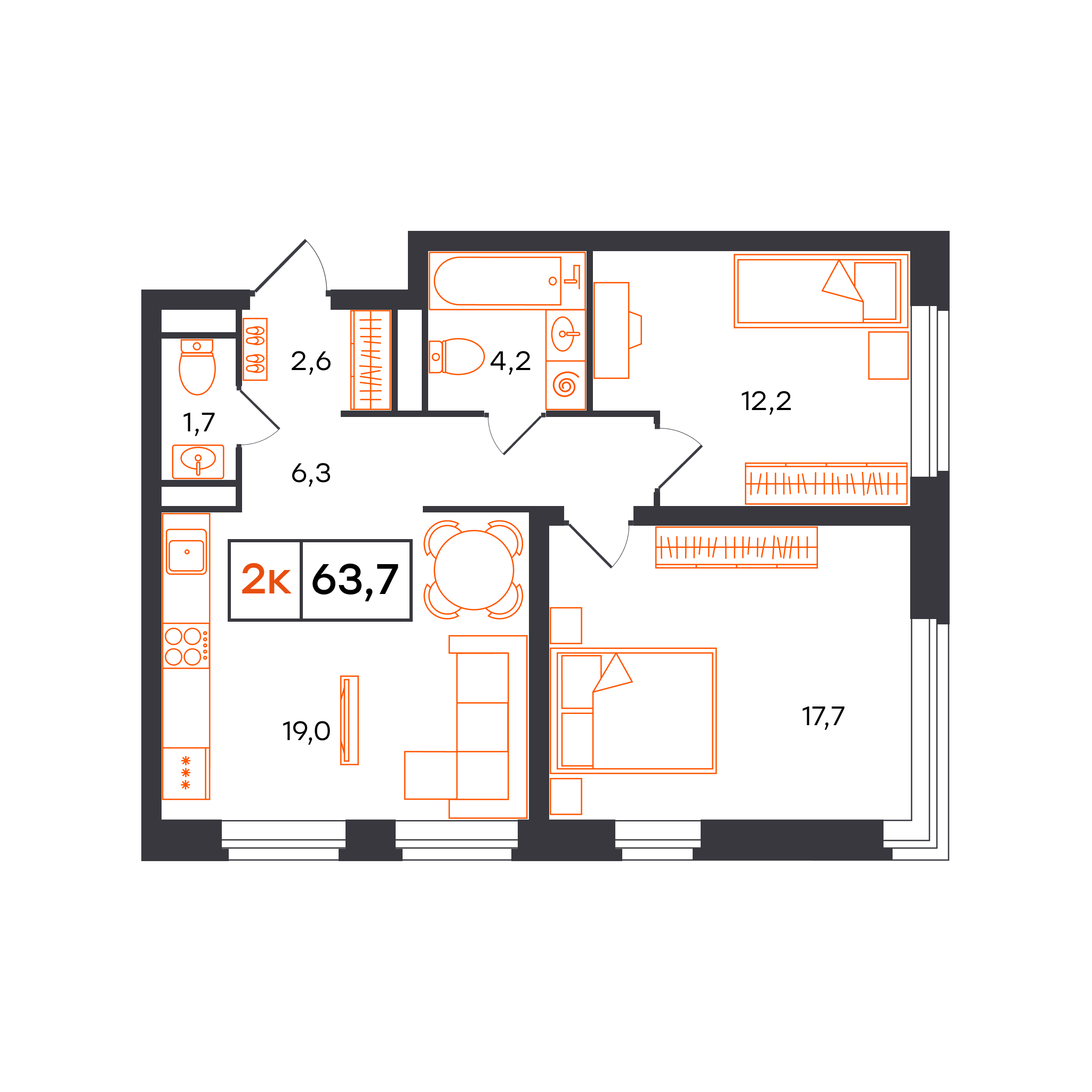 Планировка: Евротрешка 63.7 м² в ЖК Отличие, Комарово Парк