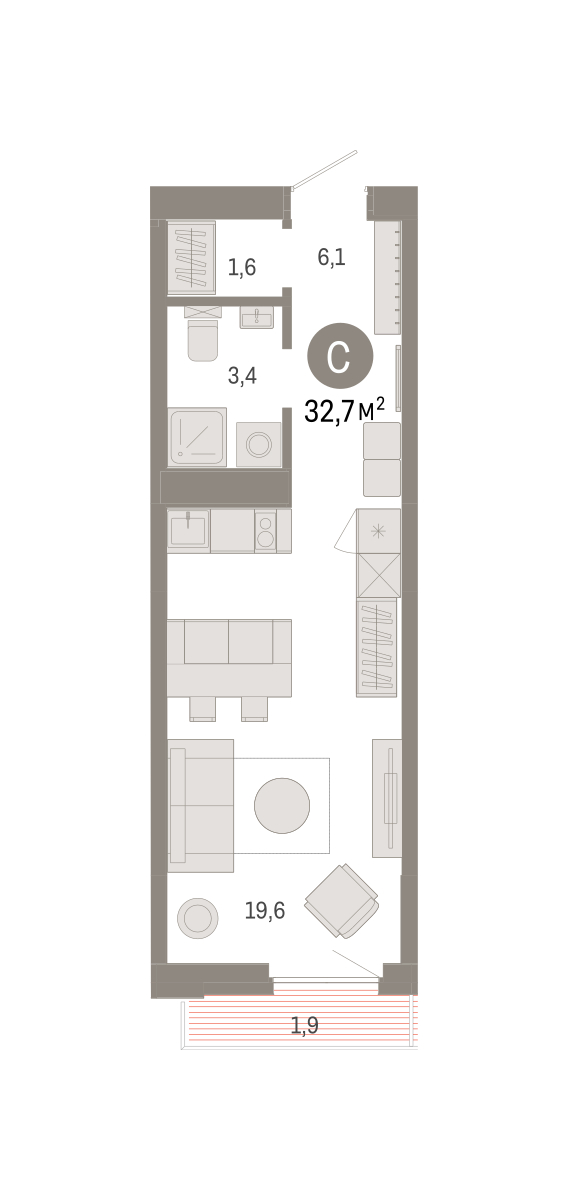 Планировка: Студия 32.7 м² в ЖК Зарека, Заречный