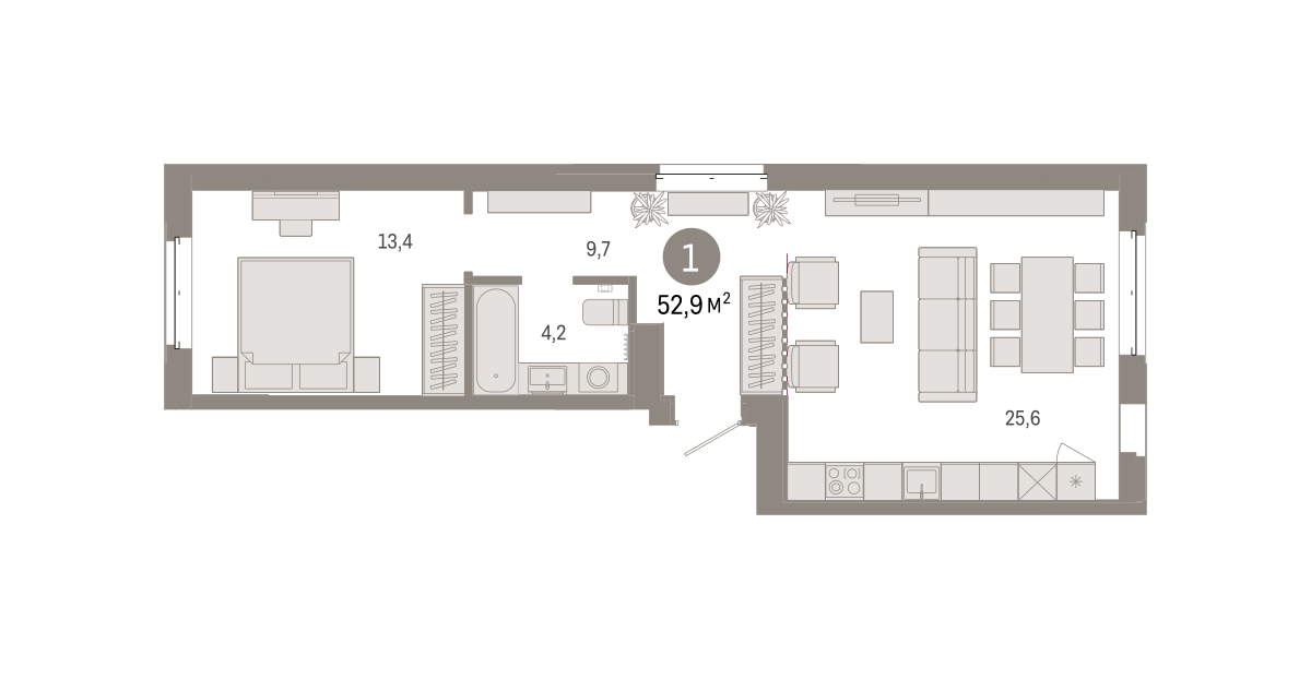 Планировка: Евродвушка 52.9 м² в ЖК На Минской, Центр: Драмтеатр