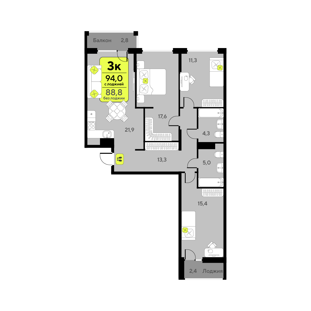 Планировка: 4-комнатная евро 88.8 м² в ЖК Дивный квартал у озера, 5-й Заречный
