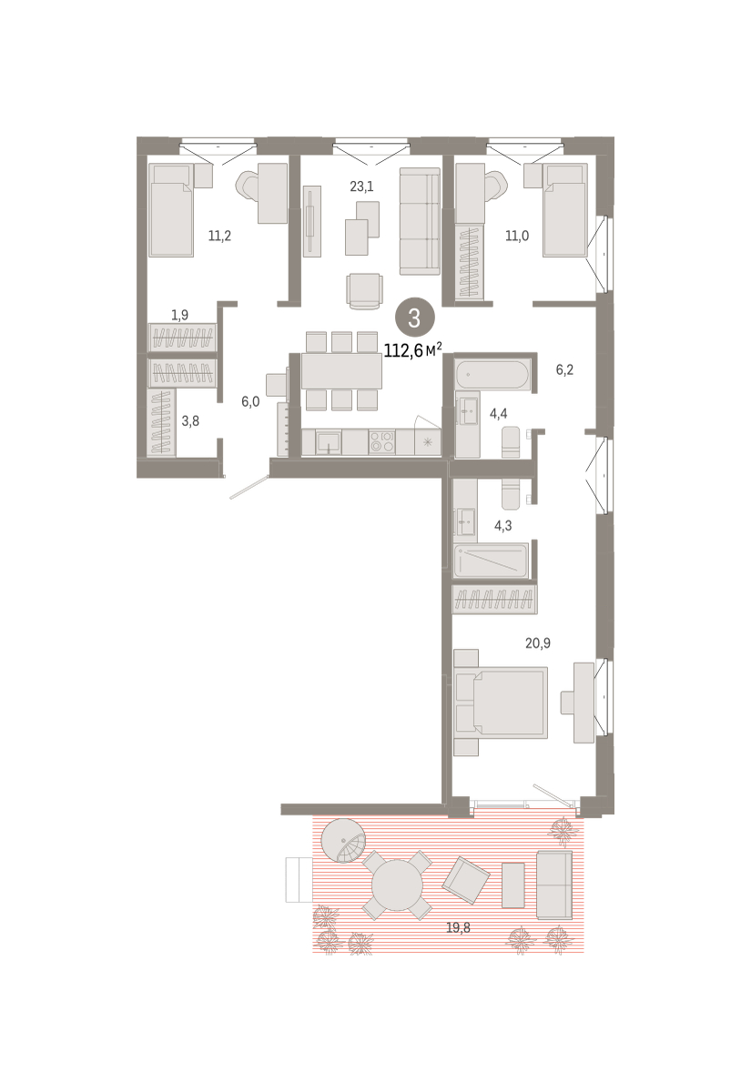 Планировка: 4-комнатная евро 112.6 м² в ЖК На Минской, Центр: Драмтеатр