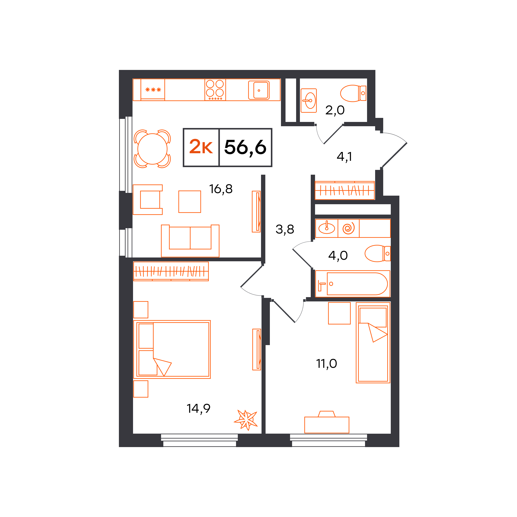 Планировка: Евротрешка 56.6 м² в ЖК Отличие, Комарово Парк