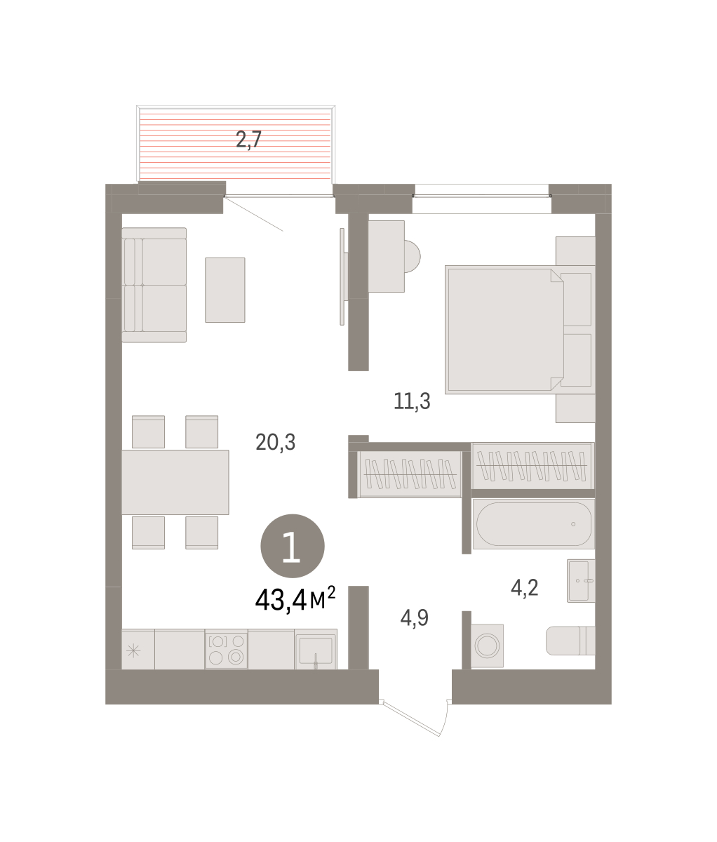Планировка: Евродвушка 43.4 м² в ЖК Речной порт, Центр: Дом печати