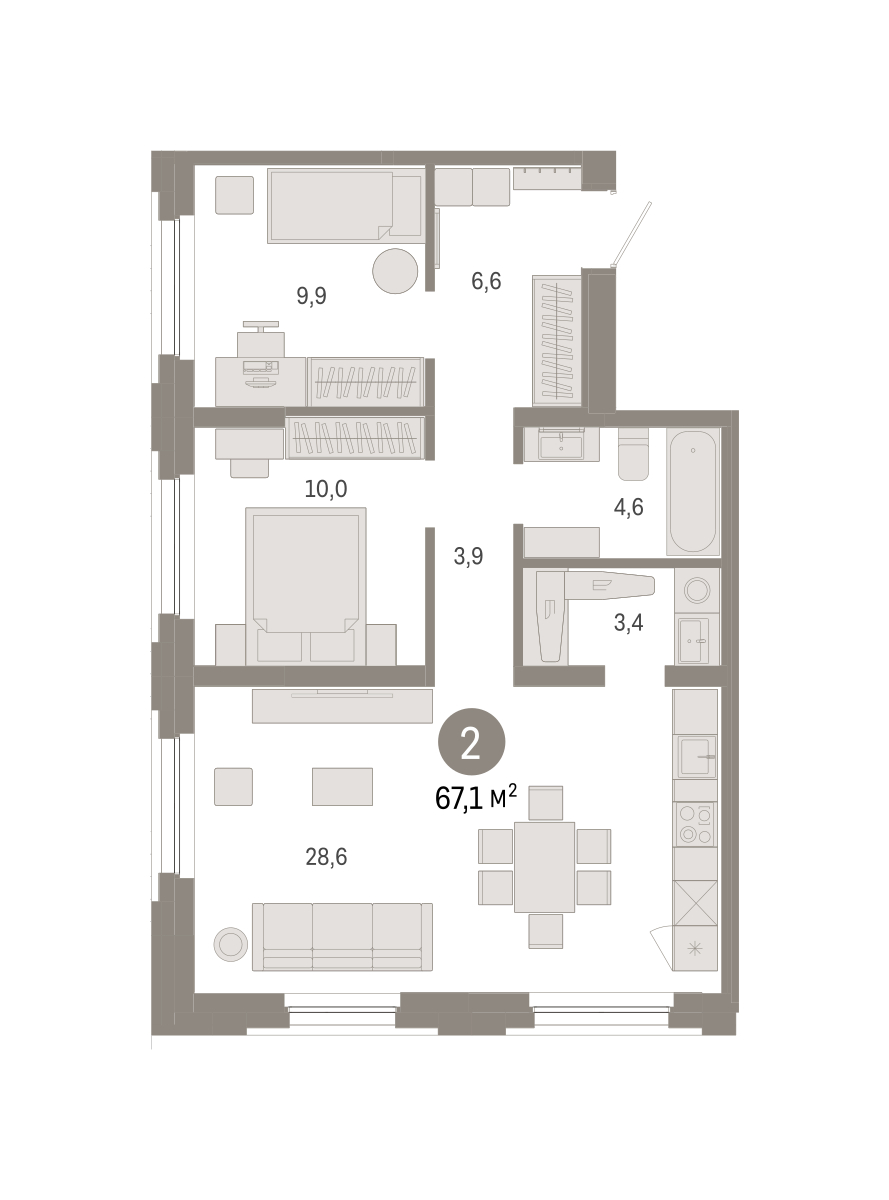 Планировка: 2-комнатная 67.1 м² в ЖК Зарека, Заречный