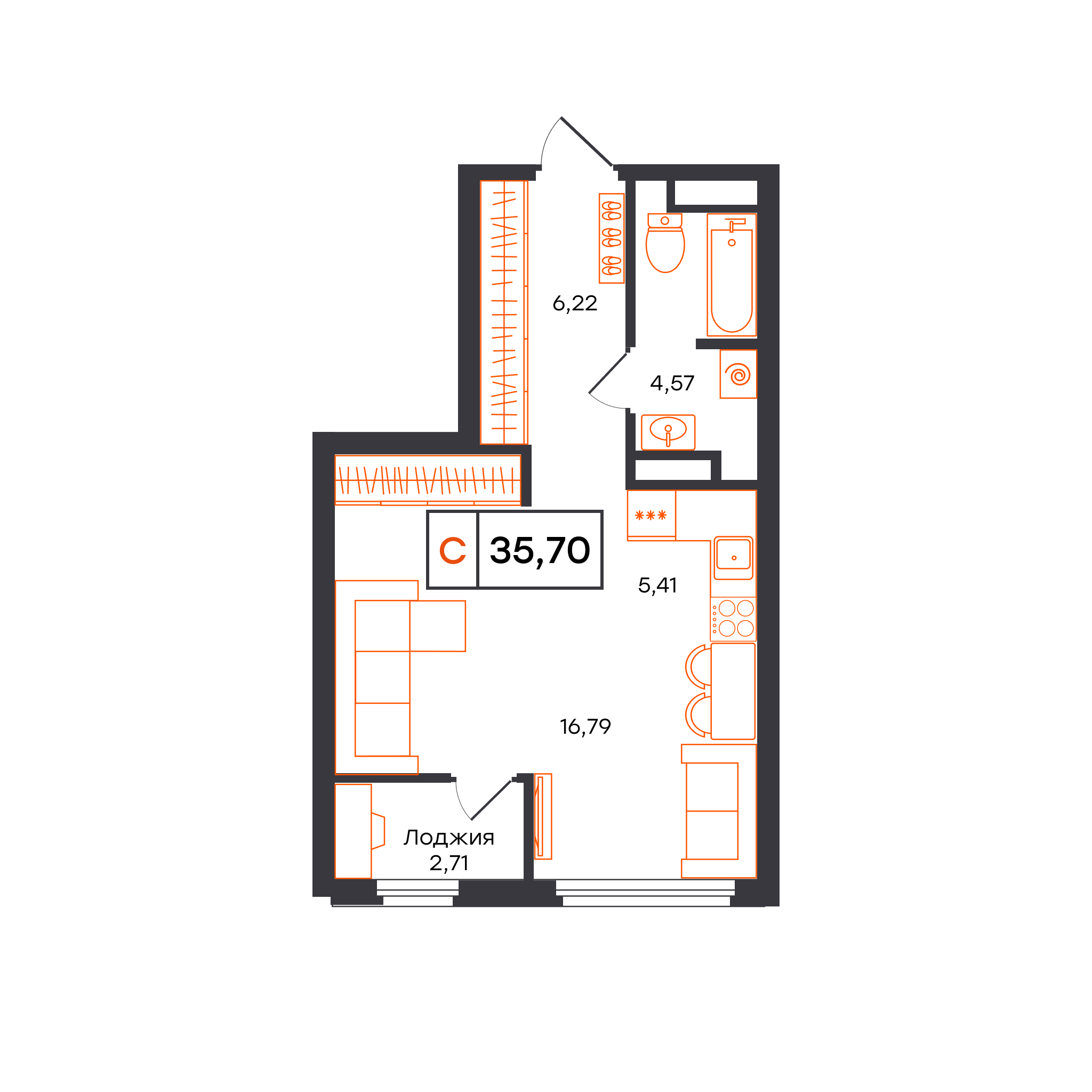 Планировка: Студия 35.7 м² в ЖК Отличие, Комарово Парк