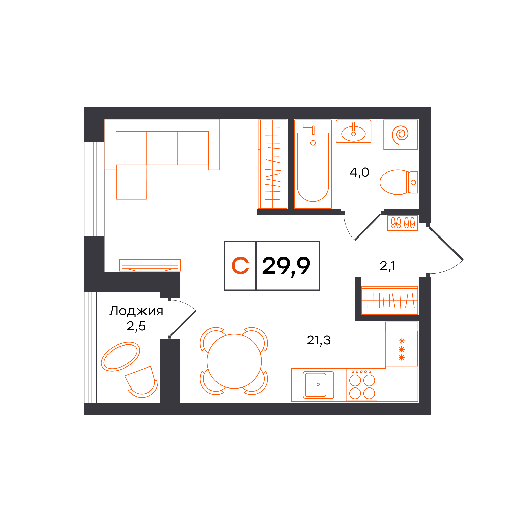 Планировка: Студия 29.9 м² в ЖК Чемпионский, Чемпионский