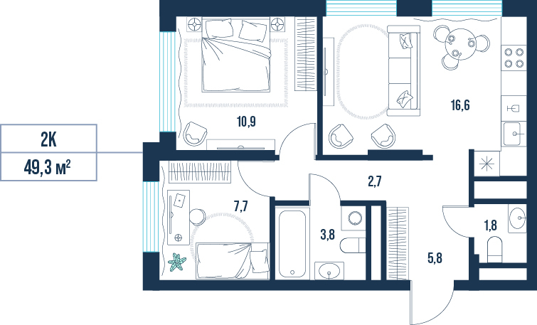 Планировка: Формат уточняется 49.3 м² в ЖК AIRIS, Комарово Парк