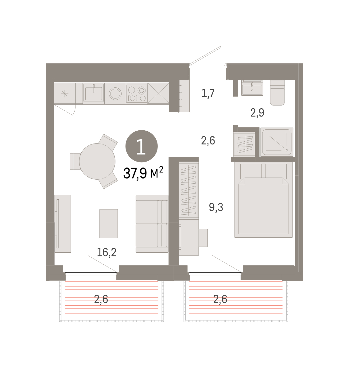 Планировка: Евродвушка 37.9 м² в ЖК Зарека, Заречный