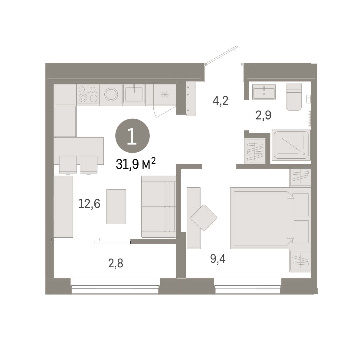 Планировка: 1-комнатная 31.9 м² в ЖК Октябрьский на Туре, ДОК