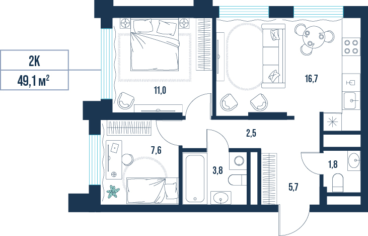 Планировка: Формат уточняется 49.1 м² в ЖК AIRIS, Комарово Парк