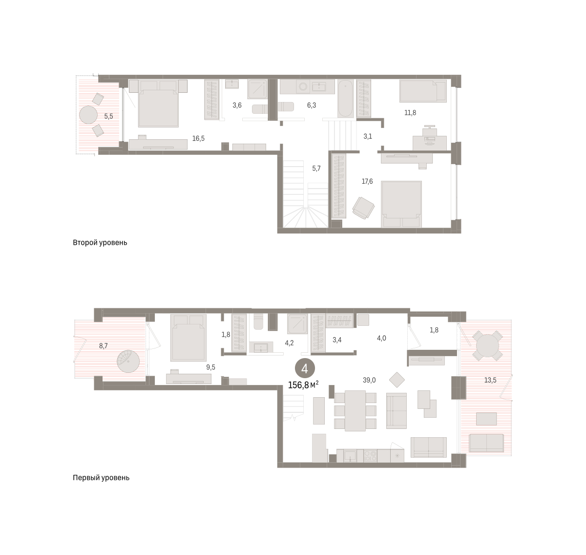 Планировка: 5-комнатная евро 156.8 м² в ЖК Дом у озера, Европейский